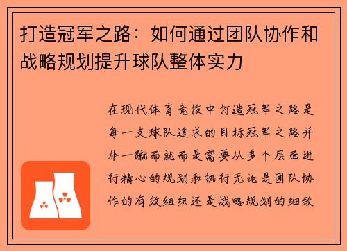 打造冠军之路：如何通过团队协作和战略规划提升球队整体实力