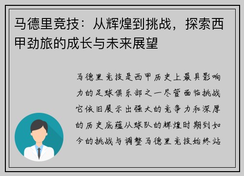 马德里竞技：从辉煌到挑战，探索西甲劲旅的成长与未来展望