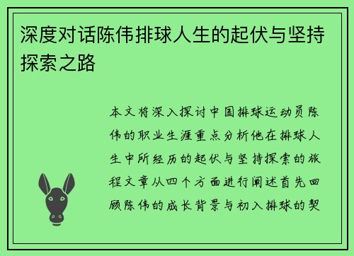 深度对话陈伟排球人生的起伏与坚持探索之路